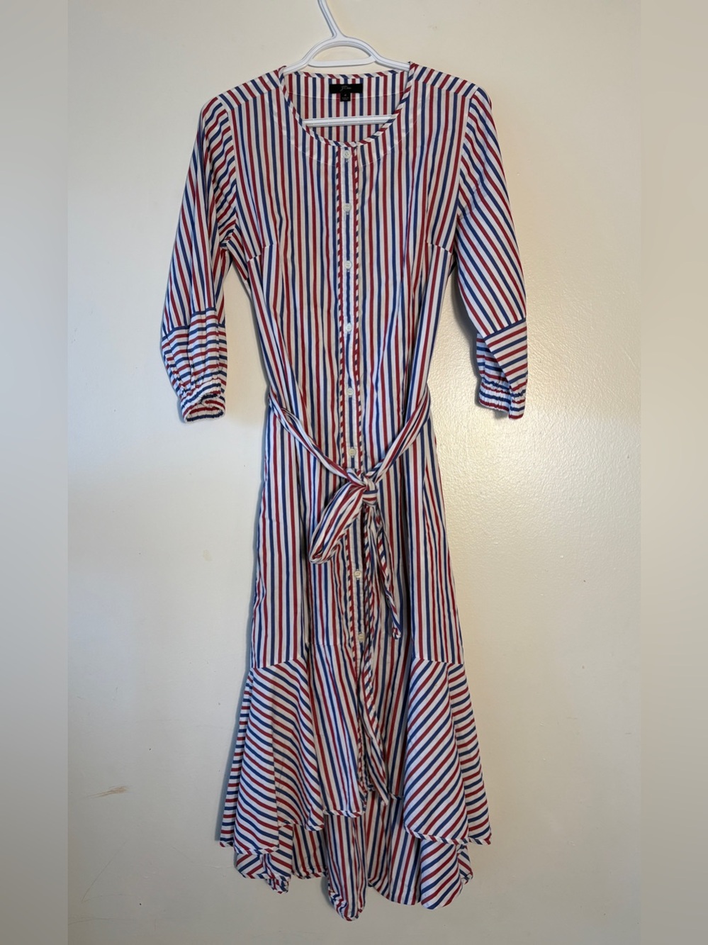 J. Crew Striped Tie Waist Cotton Shirt Midi Dress Size 4 Blue Red White Casual - Picture 2 of 11